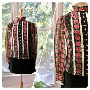 Vintage 1960's Floral and Corduroy Long Sleeve Mod Shift Dress